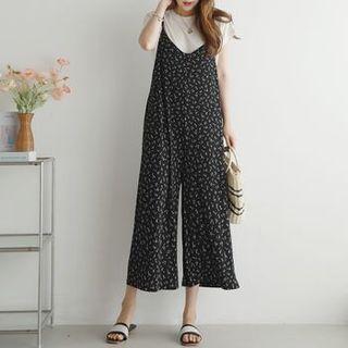 Spaghetti-strap Floral Jumpsuit Black - One Size