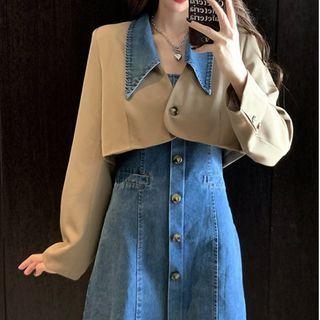 Set: Spaghetti Strap Button-up Denim Mini A-line Dress + Cropped Blazer
