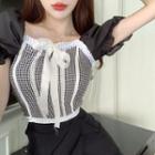 Lace Trim Gingham Panel Puff-sleeve Cropped Blouse As Shown In Figure - One Size