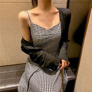 Spaghetti Strap Plaid Dress / Light Jacket
