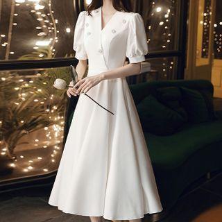 Puff-sleeve V-neck Midi A-line Dress (various Designs)