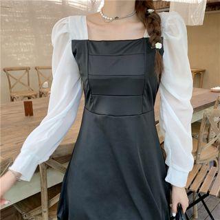 Long-sleeve Panel Midi A-line Dress Black - One Size