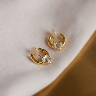 Rhinestone Alloy Hoop Earring 1 Pair - Clip On Earring - White Rhinestone - Gold - One Size