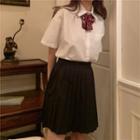 Short-sleeve Plain Short With Tie / Pleated Mini Skirt