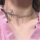Safety Pin Rhinestone Choker 0817a - Necklace - Silver - One Size