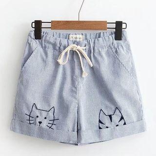 Embroidered Cat Striped Shorts
