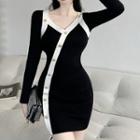 Long-sleeve Asymmetrical Two-tone Knit Mini Sheath Dress