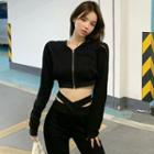 Set: Hooded Long-sleeve Zip Plain Cropped Jacket / High-waist Plain Pants
