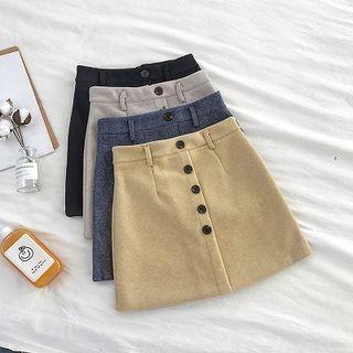 Plain High-waist Single-breasted Acrylic A-line Skirt