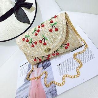 Cherry Embroidered Straw Crossbody Bag