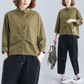 Plain Long-sleeve Shirt Army Green - F