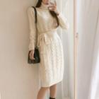 Cable Knit Tie-waist Turtleneck Sweater Dress Almond - One Size