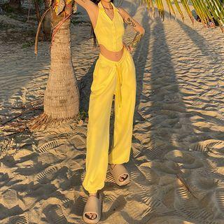 Drawstring Harem Cropped Pants / Collar Cropped Halter Top