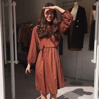 Check Long Sleeve Chiffon Dress