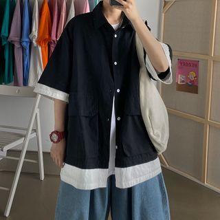 Mock Two-piece Flap-pocket Short-sleeve Shirt