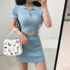 Set: Striped Short-sleeve Crop Top + Mini Skirt