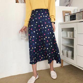 Heart Patterned Maxi Skirt Navy Blue - One Size