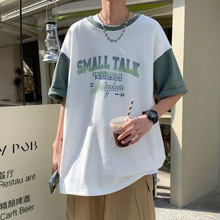 Elbow Sleeve Color Block Lettering T-shirt