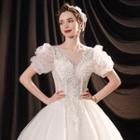 Puff-sleeve Faux Pearl Embroidered Wedding Ball Gown