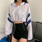 Long-sleeve Contrast Trim Crop Top White - One Size