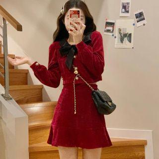 Long-sleeve Button-up Bow Blouse / Mini Mermaid Skirt