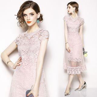Mesh Panel Cap-sleeve Midi A-line Dress