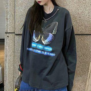 Butterfly Print Chained Sweatshirt Dark Gray - One Size