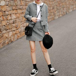 Set: Cropped Button Jacket + High Waist A-line Skirt