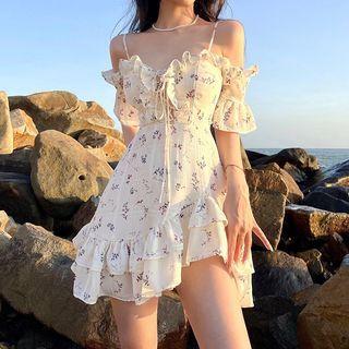 Short-sleeve Off-shoulder Floral Mini Sundress