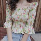 Elbow-sleeve Frill Trim Floral Chiffon Top As Shown In Figure - One Size