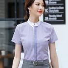 Short-sleeve Striped Blouse / Mini Pencil Skirt / Set