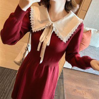 Long-sleeve Wide-collar Lace Trim Knit Midi A-line Dress
