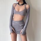 Set: Long-sleeve Shrug + Cropped Camisole + Mini Skirt
