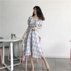 V-neck Gingham A-line Midi Dress As Shown In Figure - One Size