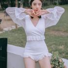 Bell-sleeve V-neck Lace Swimsuit