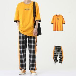 Set: Lettering Elbow-sleeve T-shirt + Plaid Jogger Pants