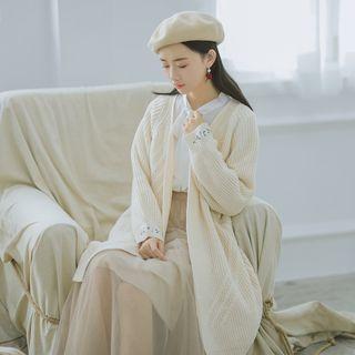 Embroidered Open Front Long Cardigan