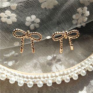Ribbon Ear Stud 1 Pair - Stud Earrings - Bow - Gold - One Size