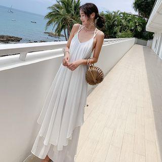 Strappy Open Back Asymmetric Ruffled Maxi Dress