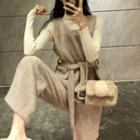 Mock Turtleneck Knit Top / Tie-waist Vest / Wide Leg Pants / Set