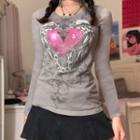 Heart & Wings Print Round Neck Long Sleeve Top