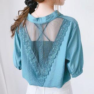 Elbow-sleeve Mesh Panel Lace Trim Blouse