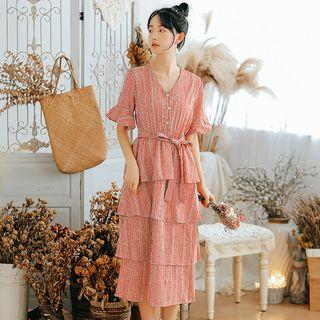 Plaid Layered Short-sleeve V-neck Dress
