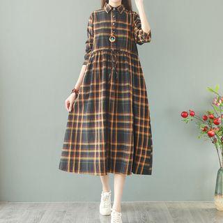 Plaid Long-sleeve Collared Dress Plaid - Yellow & Green - One Size
