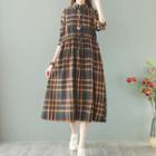 Plaid Long-sleeve Collared Dress Plaid - Yellow & Green - One Size