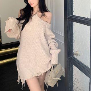 Convertible Zipper-shoulder Asymmetrical Sweater
