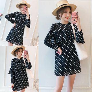Long-sleeve Dotted Chiffon Mini Shift Dress