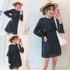 Long-sleeve Dotted Chiffon Mini Shift Dress
