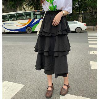 Elbow-sleeve Frog Print T-shirt / Tiered Midi Skirt