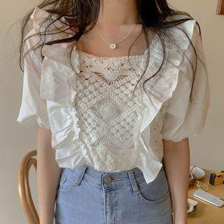 Short-sleeve Lace Panel Ruffled Top